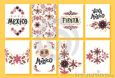 Vector collection of Mexico hand drawn style cards with traditional patterns, decor elements, fiesta lettering on different backgr Vector Illustration