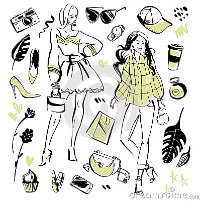 Vector collection of modern fashion elements and beautiful models for summer time - clothing, personal style, trendy look, Vector Illustration