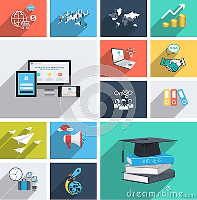 Vector collection of modern flat icons with long shadow. Design elements for mobile and web applications. Vector Illustration