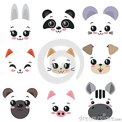 Vector collection of nine cute animal faces Vector Illustration