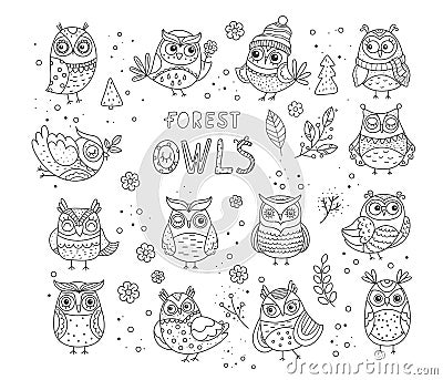 Vector line doodle collection of black owls Vector Illustration