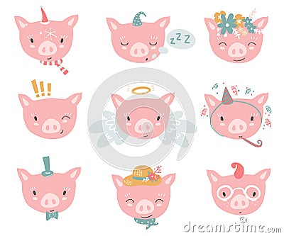 Vector collection with piglet faces. Emoji. Sleeping, angel, four-eyes and other costumes. Vector Illustration