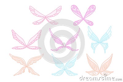 Vector collection of pink, blue and purple fairy s magic wings. Decorative elements for children s book, postcard, print Vector Illustration