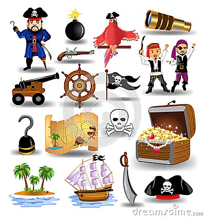 Vector collection of pirates clip arts, like treasure chest, ship wheel, pistol Vector Illustration