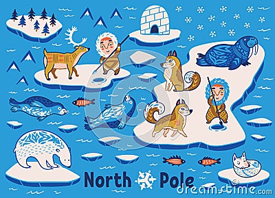 Vector collection of polar animals, eskimos and yurt Vector Illustration