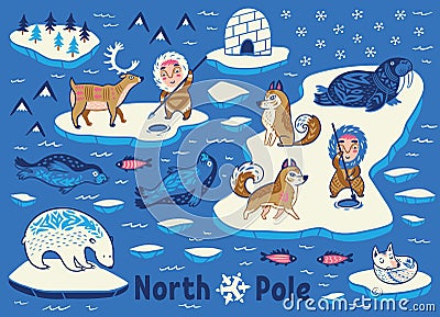 Vector collection of polar animals, eskimos and yurt Vector Illustration