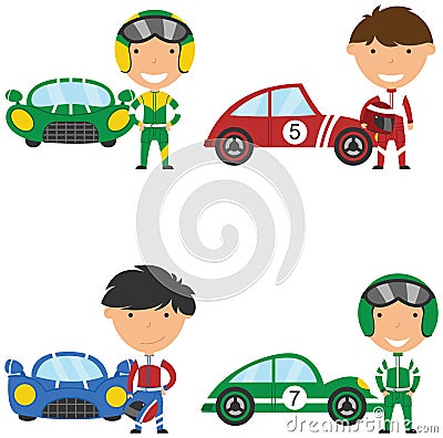 Vector collection of racing drivers and sport cars Vector Illustration