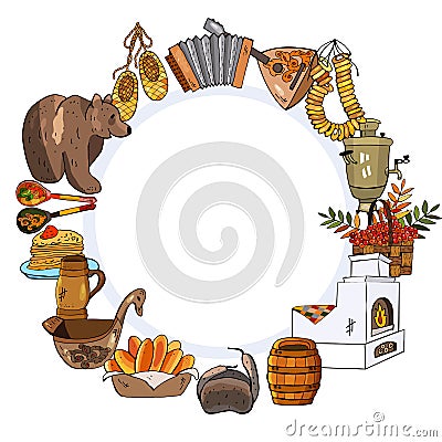 Vector collection of Russian culture images, including russian doll, balalaika, matryoshka, accordion, samovar Stock Photo