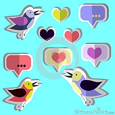 Vector collection, set of cute birds, hearts, stickers. Paper flat design Vector Illustration