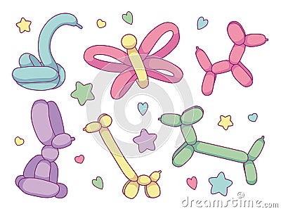 Vector collection set with different cute cartoon balloon animals including dogs, butterfly, swan, giraffe and bunny in soft paste Stock Photo