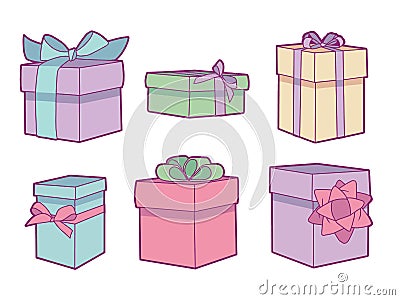 Vector collection set with different pastel colored birthday gift boxes Cartoon Illustration