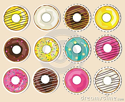 Vector collection, set of donuts stickers. Realistic glazed donuts Vector Illustration