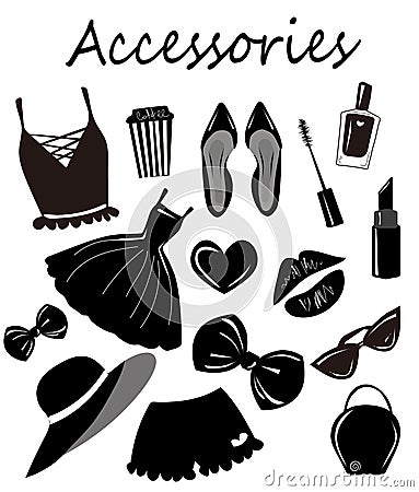 Vector collection, set, with fashion girls accesories,items Sketch, monochrome clip art. Stylish prints. Vector Illustration