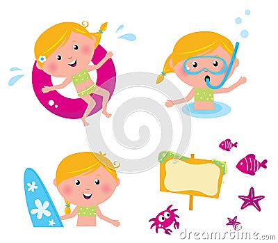 Vector collection summer icons, swimming kids Vector Illustration