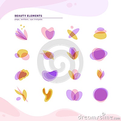 Vector collection of transparent beauty, spa, and yoga symbols in light colors isolated on white background. Vector Illustration