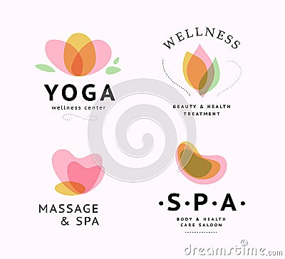 Vector collection of transparent beauty, spa, and yoga symbols in light colors isolated on white background. Vector Illustration