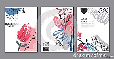 Vector collection of trendy creative cards with hand drawn floral elements, flowers and palnts and different textures. Vector Illustration