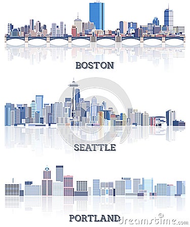 Vector collection of United States cityscapes: Boston, Seattle, Portland skylines in tints of blue color palette. Ð¡rystal Vector Illustration