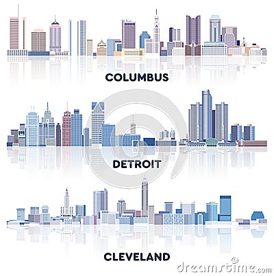 Vector collection of United States cityscapes: Columbus, Detroit, Cleveland skylines in tints of blue color palette. Ð¡rystal Vector Illustration