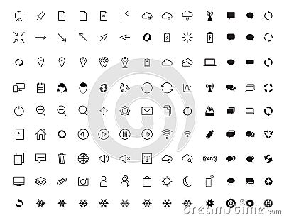 Vector collection of universal black flat icons for web, technology, communication, connectivity, music, media, finance, Stock Photo