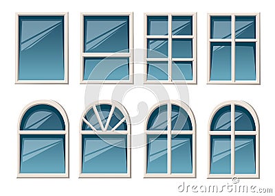 Vector collection of various white windows types for interior and exterior use flat style isolated on white background website pag Stock Photo