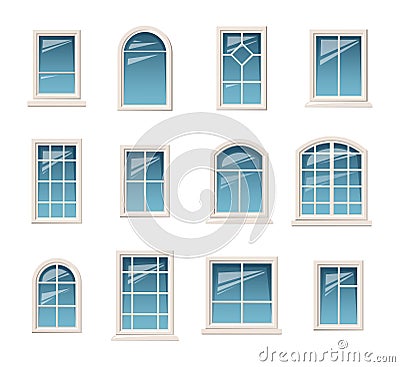 Vector collection of various white windows. Various types plastic windows collection. Interior and exterior elements Stock Photo