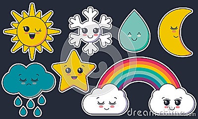 Vector collection of weather characters. Cute smiling faces sun, moon, star, rainbow, cloud, snowflake, rain drop. Vector Illustration