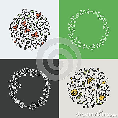 Vector collection of wreath made with branches, leaves and flowers in trendy linear style - abstract frames. Vector Illustration