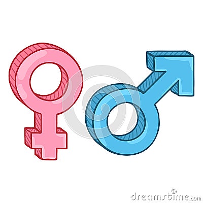 Vector Color Cartoon Gender Symbols. Blue Male and Pink Female Signs Vector Illustration