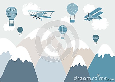 Vector color children hand drawn mountain, aircraft, plane and stars illustration in scandinavian style. Mountain Vector Illustration