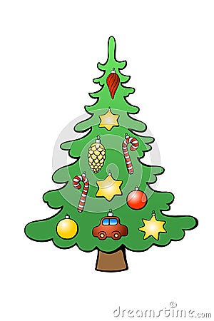 Vector color Christmas tree decorated with xmas balls, toys, decorations. Clip art for New year, Xmas Vector Illustration