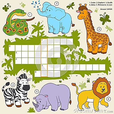 Vector color crossword, education game about safari animals Vector Illustration