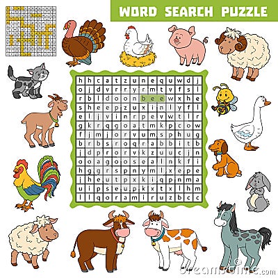 Vector color crossword about farm animals. Word search puzzle Vector Illustration