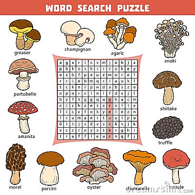 Vector color crossword about mushrooms. Word search puzzle Vector Illustration