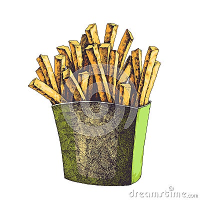 Vector color hand drawn tasty french fries in paper box. Vector Illustration