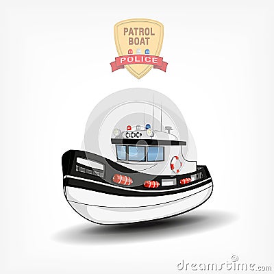 Vector color handdrawn illustration of a police boat. Side view. Vector Illustration