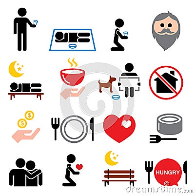 Homeless, poverty, man begging for money icons set - society, helping other people with no home concept Vector Illustration