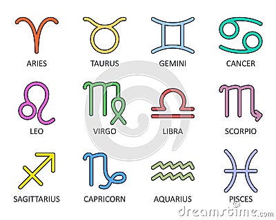 Vector color icons of zodiac signs. Line icon collection editable stroke. Stylized elements of horoscope with name of Vector Illustration