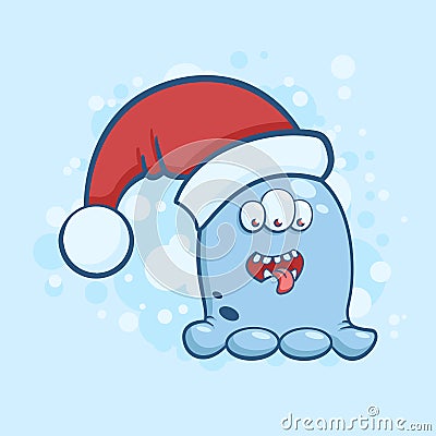 Vector color illustration of cartoon three eyed monster in a Santa Claus hat on snowy background. Vector Illustration