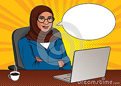 Vector color illustration of successful muslim business woman in office room. Vector Illustration