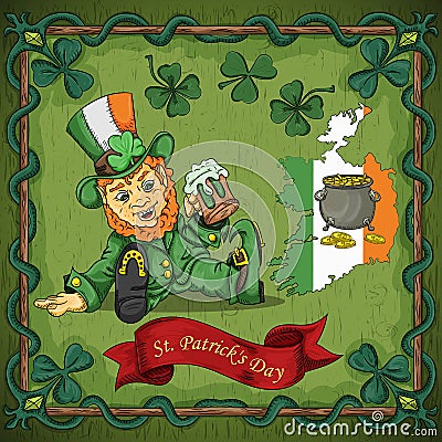 Color illustration on the theme of St. Patricks day celebration, leprechaun dwarf sitting with a glass of beer Vector Illustration