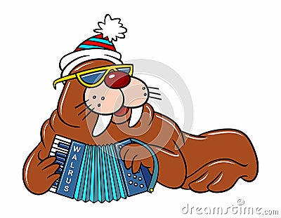 Vector color image of a cartoon Walrus isolated on white. Cartoon walrus in a winter hat plays the button accordion. Cartoon Vector Illustration