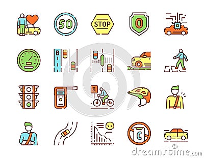 Vector color line icon set of Vision Zero Vector Illustration