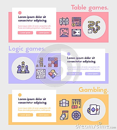 Vector color linear icon banner table games set Vector Illustration