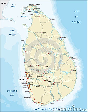 Vector color map of Sri Lanka country with important cities and roads Vector Illustration