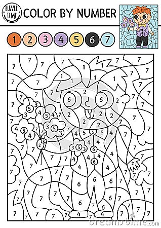 Vector color by number activity with cute boy in smart suit with flowers. Marriage ceremony scene. Black and white counting game Vector Illustration