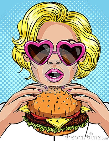 Vector color pop art comic style illustration of a girl eating a cheeseburger. Beautiful business woman holding a big hamburger. S Cartoon Illustration