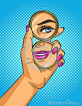 Vector color pop art comic style illustration of a girl looks in a mirror. Cartoon Illustration