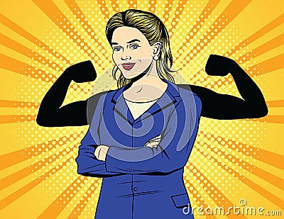 Vector color pop art comic style vintage poster of strong business woman. Stock Photo