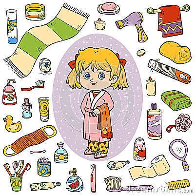 Vector color set of bathroom objects, girl and bathrobe Vector Illustration